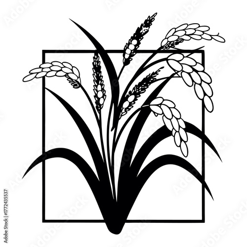 Black and White Rice Plant Vector Illustration. Agricultural Grain Crop Design.