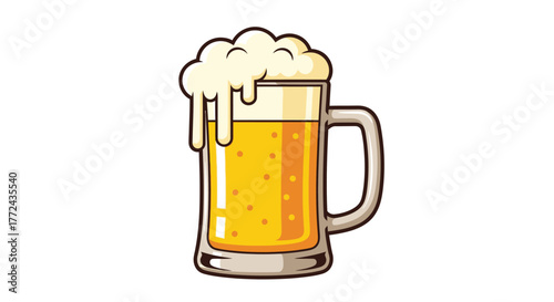 A frothy mug of golden beer is shown against a white background.