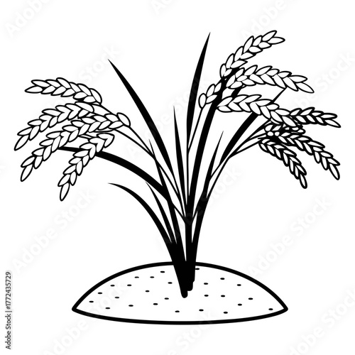 Black and White Rice Plant Vector Illustration. Agricultural Grain Crop Design.