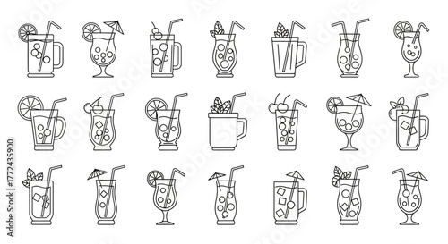 Outline vector illustrations of diverse refreshing cocktails and mixed drinks, with straws and garnishes, suitable for bar menus, party themes, and beverage graphic design