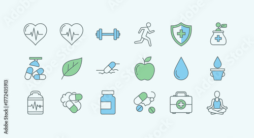 Essential vector icon set for modern health and wellness applications, encompassing medical, fitness, and lifestyle concepts for a holistic approach to well-being