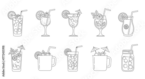 Collection of stylized line art cocktail and beverage icons for graphic design