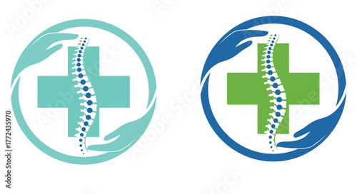 Two logos featuring a spine and a cross with surrounding hands.