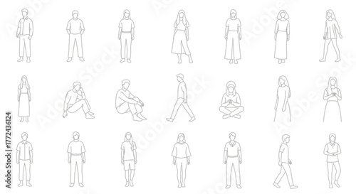 Outline Sketches of People Minimalist Line Art Depicting Various Poses and Activities of Men and Women