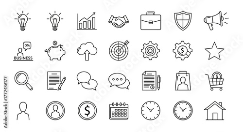 Line Art Business Icons Growth, Finance, Communication, and Security
