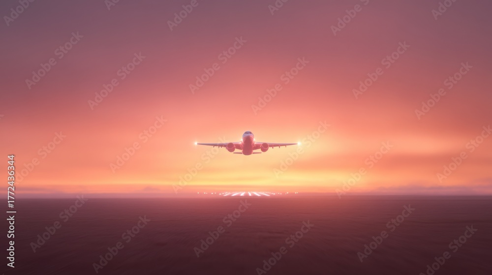 Fototapeta premium Airplane taking off against vibrant sunset sky