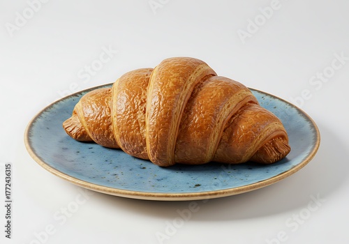 Delicious golden croissant on a blue plate against a white background