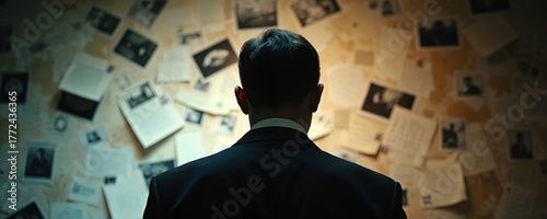 Man in suit reviews wall of photos and documents. Researching on secret case. Investigating mystery, solving crime, covert ops, deep strategy.