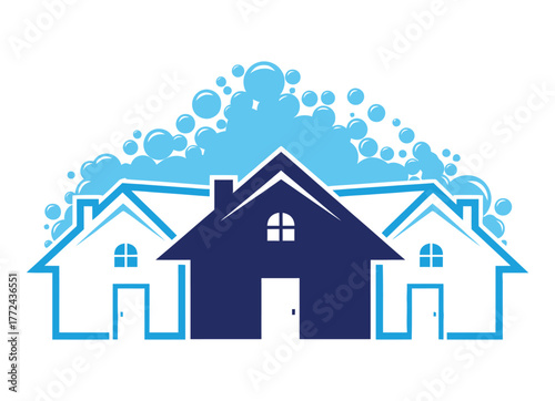 Illustration of three houses with bubbles, representing a cleaning service.