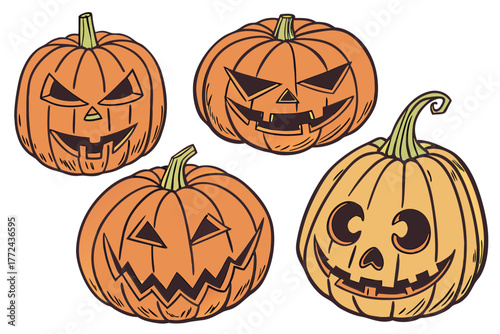 Realistic Carved Orange Pumpkins with Spooky Jack-o'-Lantern Faces – 3D Halloween Digital Art