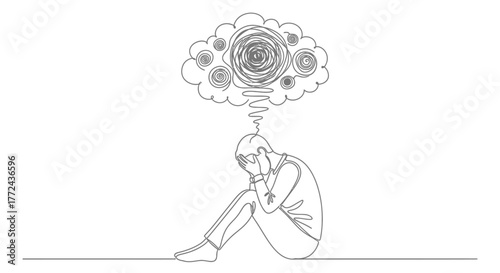 A person sits with their head in their hands, a thought bubble showing swirling confusion.