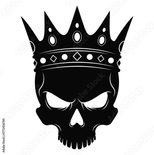 A black silhouette of a skull wearing a royal crown with glowing eyes.