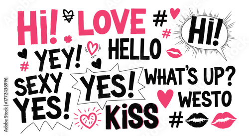 Collection of words and symbols related to greetings and affection are displayed on a white background.