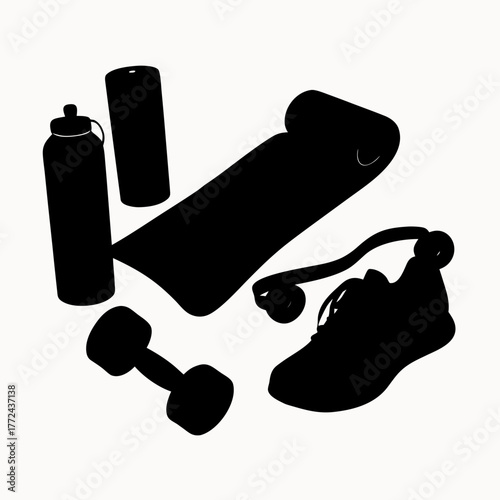 Silhouette of fitness equipment including a mat, water bottle, shoe, and dumbbell for exercise at home