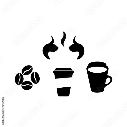 Coffee beans beverage cup and steam aroma design in black and white simple illustration graphic art