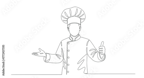 A chef wearing a hat and uniform gives a thumbs up.