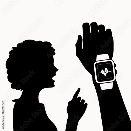 Silhouette of woman pointing at smartwatch with leaf icon on wrist against white background scene is shown