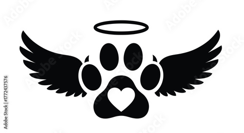 A black silhouette of a paw print with wings and a halo above it.