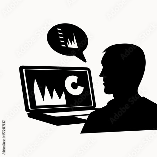 Silhouette of person looking at laptop with charts and a speech bubble showing data insight icons