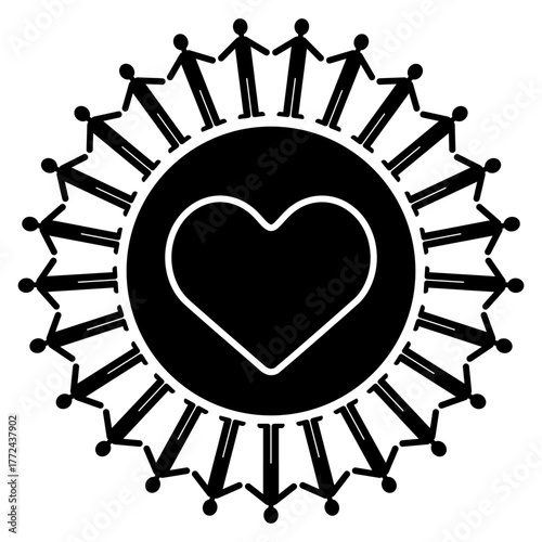 中央のハートを囲むように人々が手をつなぐ、共生と調和をテーマにしたピクトグラムイラスト