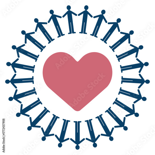 多様な人々が手をつなぎ中央にハートを囲む、愛やつながりを象徴するフラットデザインのイラスト