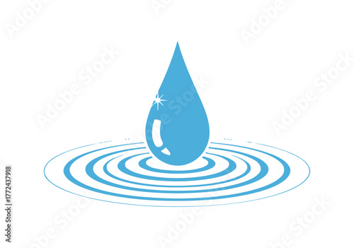 A single blue water droplet creates ripples on a white background.
