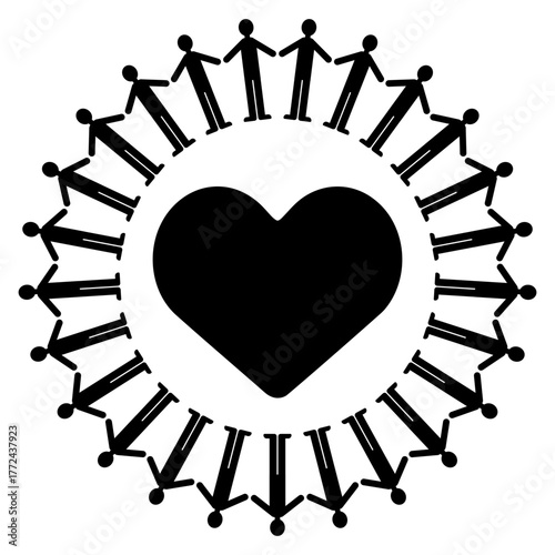 人々が輪になって手を取り合い、中央のハートで愛と平和を表現したシンプルなベクターイラスト