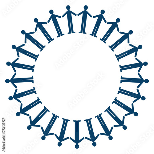 多様な人々が手をつないで円形を作る、団結やつながりを象徴するフラットなピクトグラムイラスト