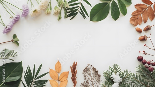 Four Seasons Floral and Leaf Frame on White Background – Spring Summer Autumn Winter Nature Border