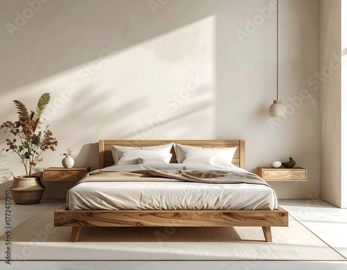 Modern bedroom with a wooden bed and neutral tones