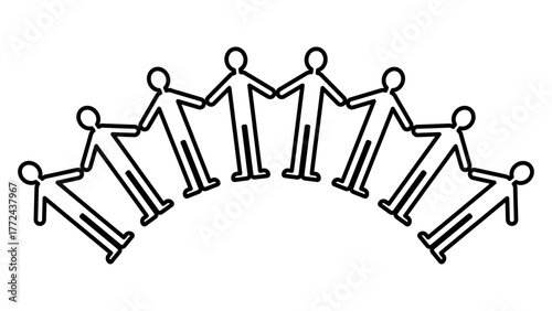八人の人が手をつなぎ並ぶ姿を表した、チームワークや絆を象徴するフラットデザインのイラスト