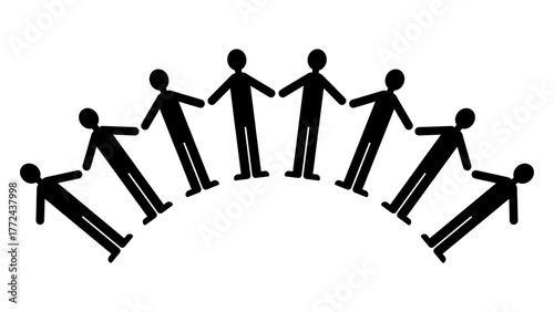 八人の人物が横一列に並んで手をつなぐ、協力や団結をテーマにしたシンプルなイラスト