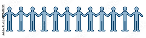 12人の人間が並んで手をつなぐ、社会的つながりと調和をイメージしたシンプルなイラスト