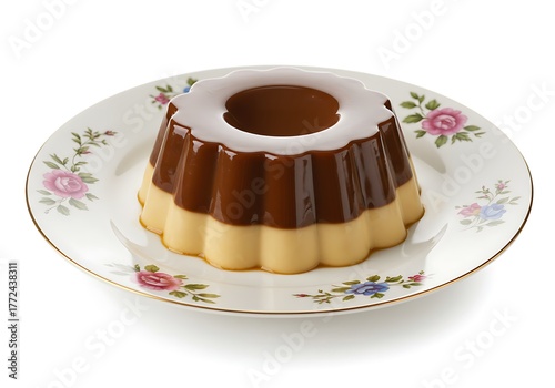 Delicious layered dessert on floral plate isolated white background