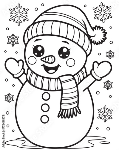 Cute snowman wearing winter hat and striped scarf cheerfully raises his arms among snowflakes, coloring pages, kids , coloring, pages