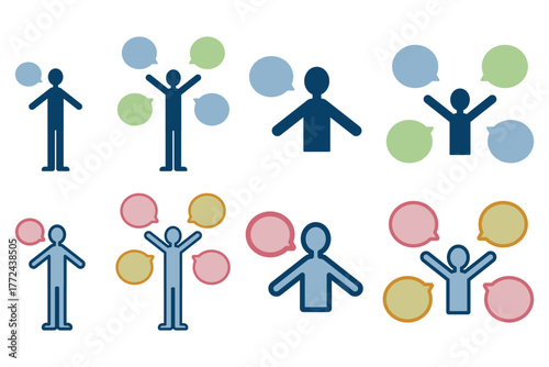 吹き出しと人物アイコンを組み合わせたコミュニケーションを表すシンプルなイラストセット