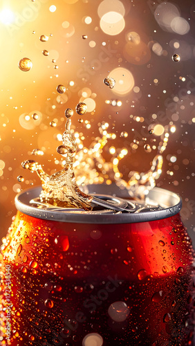 Cola can opening with burst of gas and droplets, macro close-up showing freshness and carbonation energy