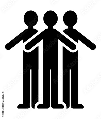 三人の人々が並ぶ全身のシルエット、チームワークやつながりを表したベクター素材