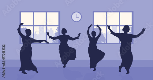 The old woman danced inside the room. Trendy silhouette background vector design.