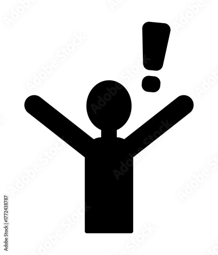 驚きを表す感嘆符と人の上半身を組み合わせたシンプルなピクトグラムイラスト