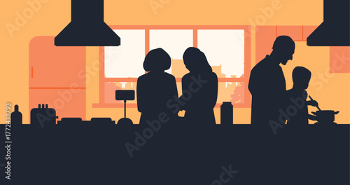 The family is creating cooking content together in the kitchen with their cell phones. Trendy silhouette background vector design.