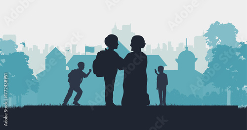 A grandmother tidies up her grandchild's clothes before he goes to school. Trendy silhouette design vector.