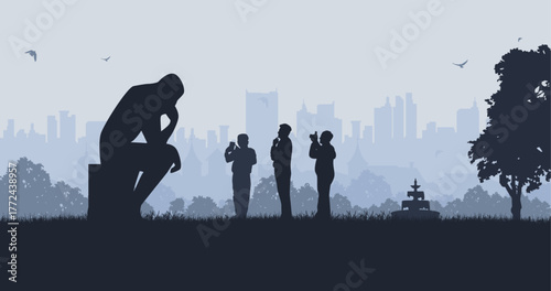The elderly artist enjoys sculpture with an urban view. Trendy silhouette background design vector.