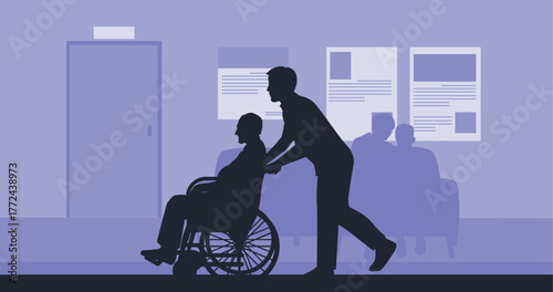 A young man pushes an elderly man in a wheelchair at the hospital. Trendy health silhouette
