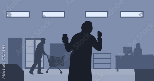 A mature elderly woman smiles as she shows her phone. An elderly man pushes a trolley to the cashier at the local fruit and vegetable market.