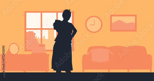 The background design features the silhouette of a mature elderly woman smiling as she shows her cell phone while shopping online.