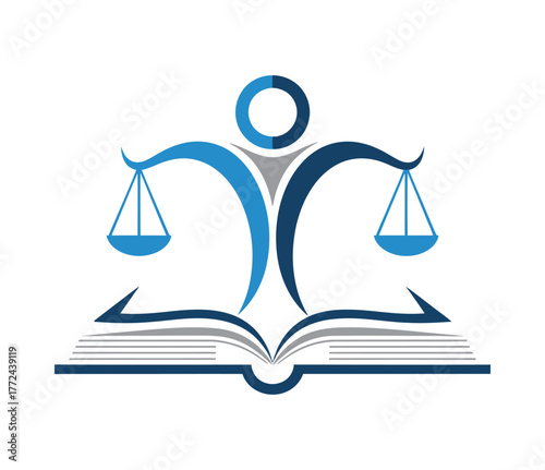 Open book symbolizes legal education with scales of justice and human figure.