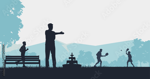 Seniors exercising in the park. Trendy silhouette background vector design.