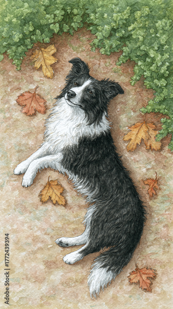 Obraz premium Experience the Joy of Autumn with a Playful Border Collie Surrounded by Leaves: A Captivating Portrait of Natural Companionship and Outdoor Bliss