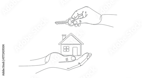 A hand passes a key to another hand that holds a house illustration.
